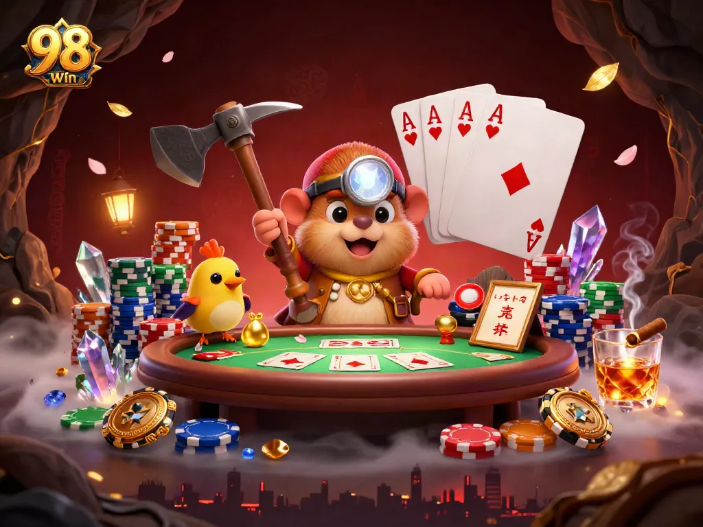 Engage with 98win's vibrant casino scene featuring treasure hunter elements and poker dynamics.
