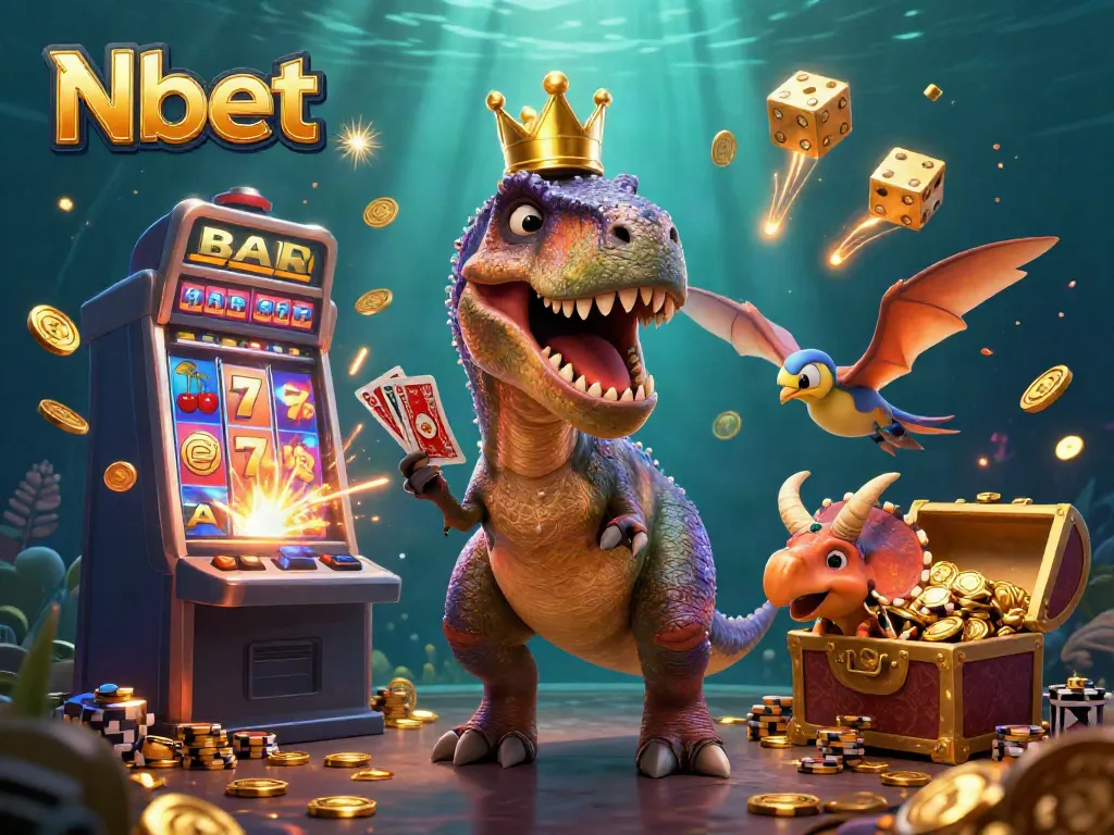 Nbet characters celebrating in a 3D casino with cards and chips amidst a jackpot explosion.
