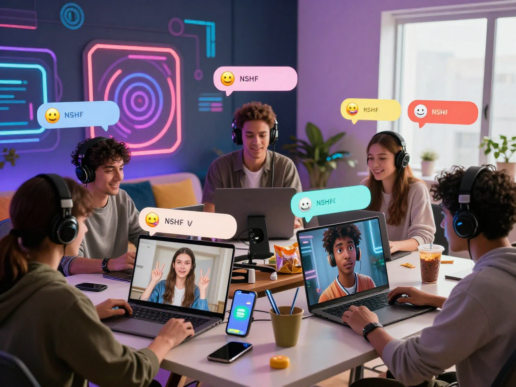 Engaging NSFW AI chat scene depicting friends interacting online in a vibrant, playful digital landscape.