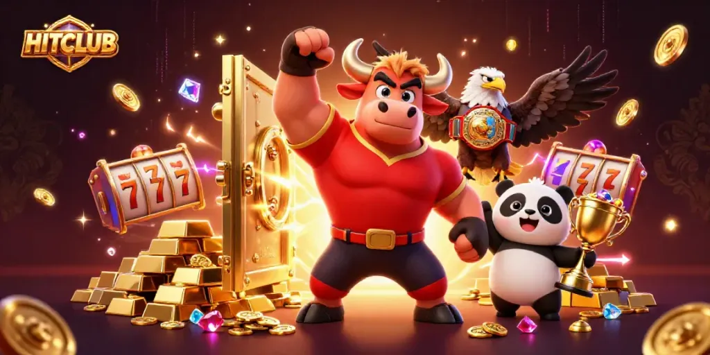 HITCLUB mascot celebrating amidst dazzling casino treasures and vibrant slot elements.
