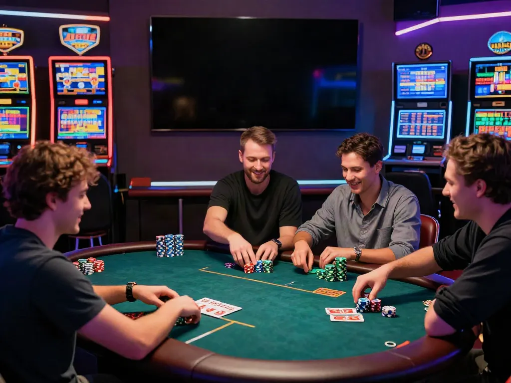 Exciting online gaming environment at NBET with players at poker tables and vibrant slot machines.