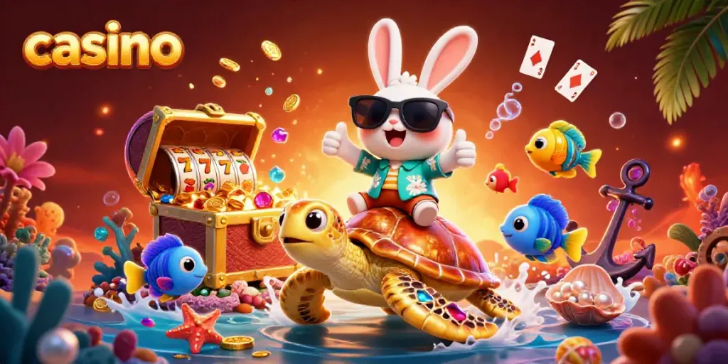 Experience a vibrant scene of a lucky rabbit on a sea turtle celebrating casino wins.