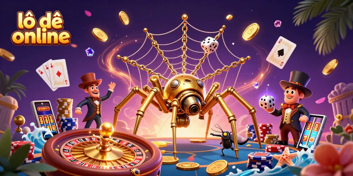 Engage in lô đề online action with golden steampunk spider creating a web of luck, surrounded by colorful casino elements.