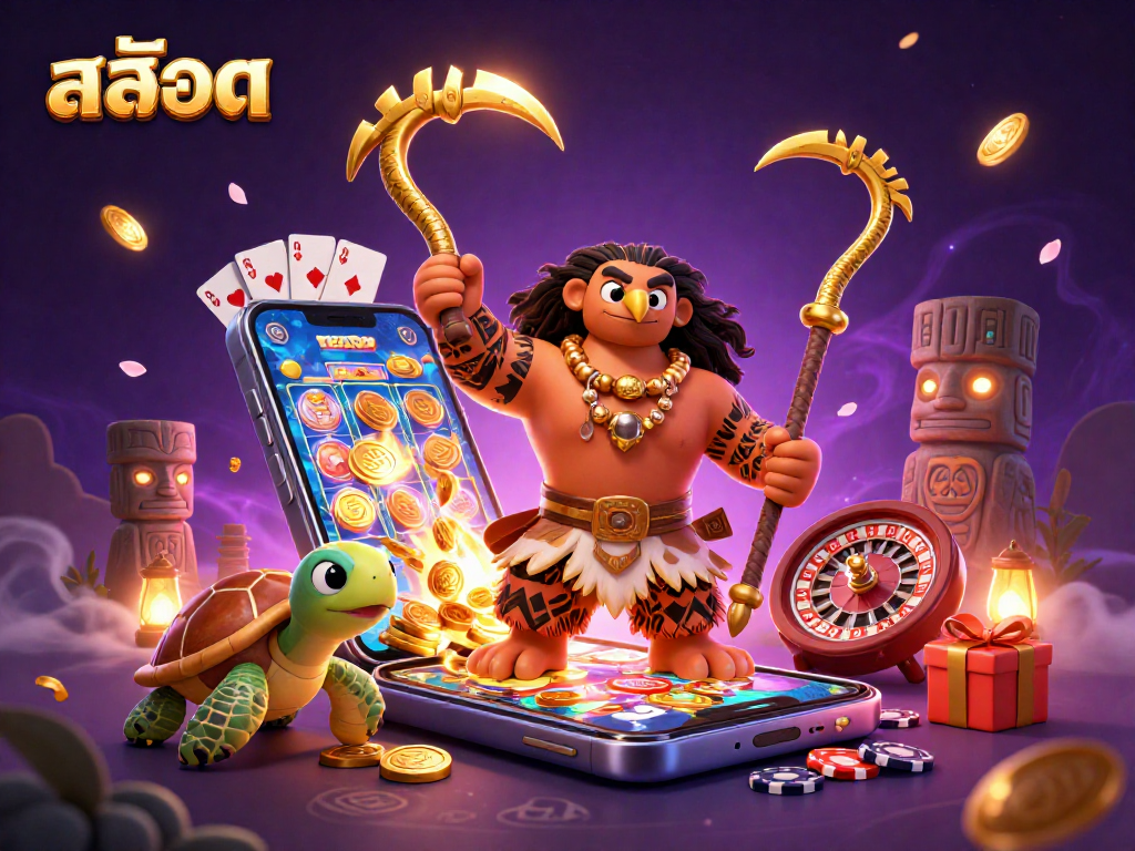 Play exciting slot games like สล็อต with our vibrant 3D casino illustration featuring dynamic characters and elements.