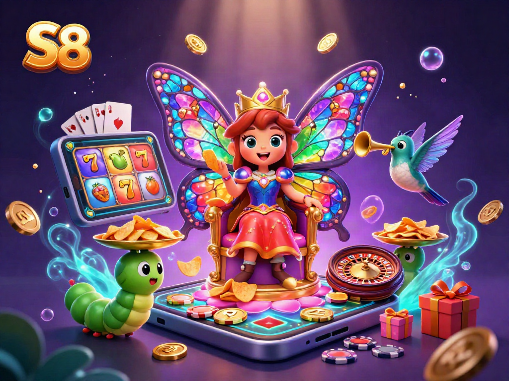 Spin the reels and win big with S8 in a vibrant casino scene filled with 3D characters and exciting game elements.