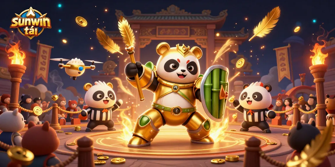 Experience sunwin tải in a vibrant arena with a mech-suit panda amidst gambling excitement.
