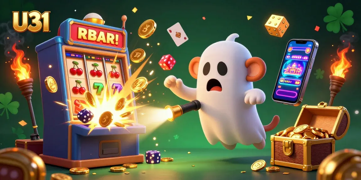 U31 showcases a lively casino scene with a mischievous monkey juggling golden objects while a ghost-hunter puppy tracks it.