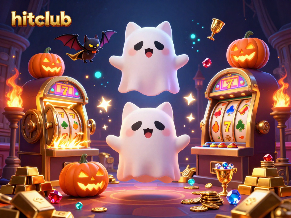 Spin the reels with hitclub's haunted casino scene featuring a ghost cat and gold treasures.