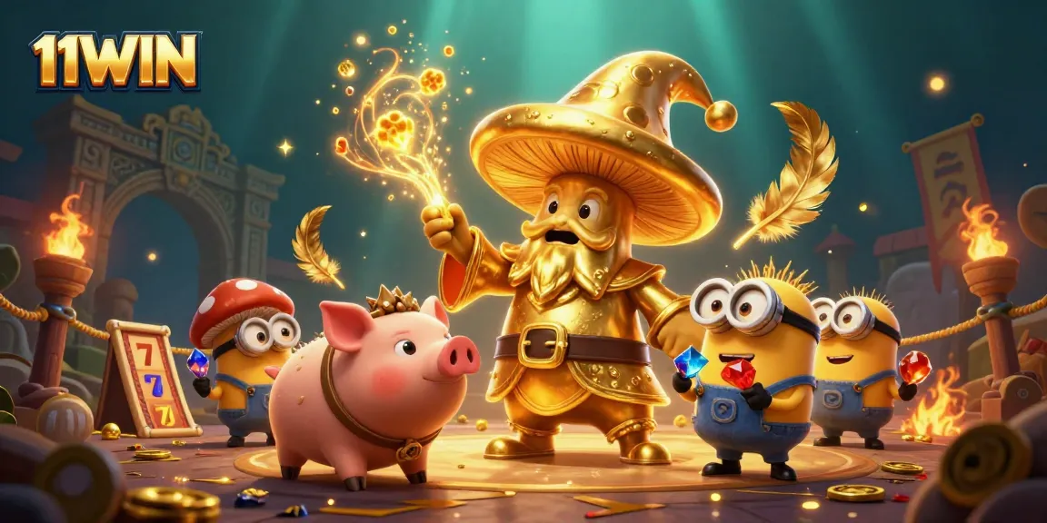 Experience the enchanting world of 11WIN as the golden mushroom wizard conjures riches in a vibrant casino scene.