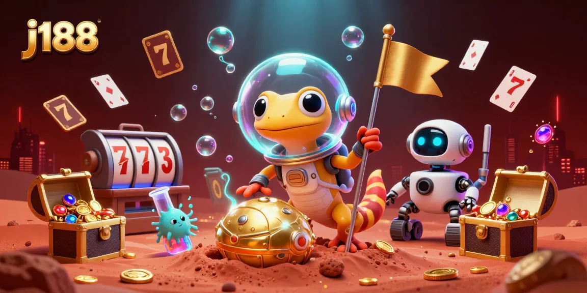Experience the thrill of winning with j188, a vibrant 3D scene featuring a Martian gecko and a golden casino.