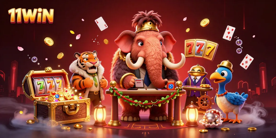 Engage with 11WIN's captivating casino scene featuring a woolly mammoth bouncer and vibrant slot elements.