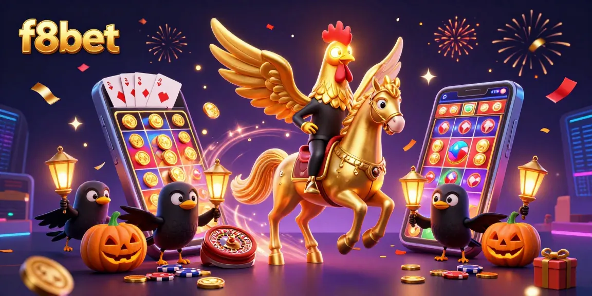 Win big with f8bet in this vibrant midnight casino scene featuring golden rooster and pumpkin crows.