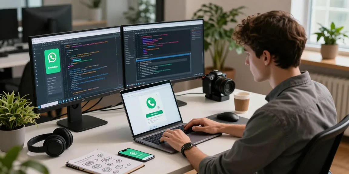 The scene illustrates a developer's workspace focused on the WhatsApp下載 process, featuring dual monitors, a laptop, and tech gadgets in a modern office atmosphere.