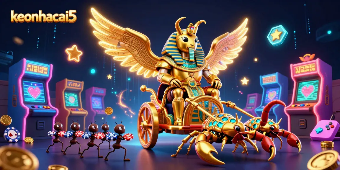 Engage with keonhacai5 as the colossal scarab beetle rides a chariot of fortune in an energetic gaming arena.