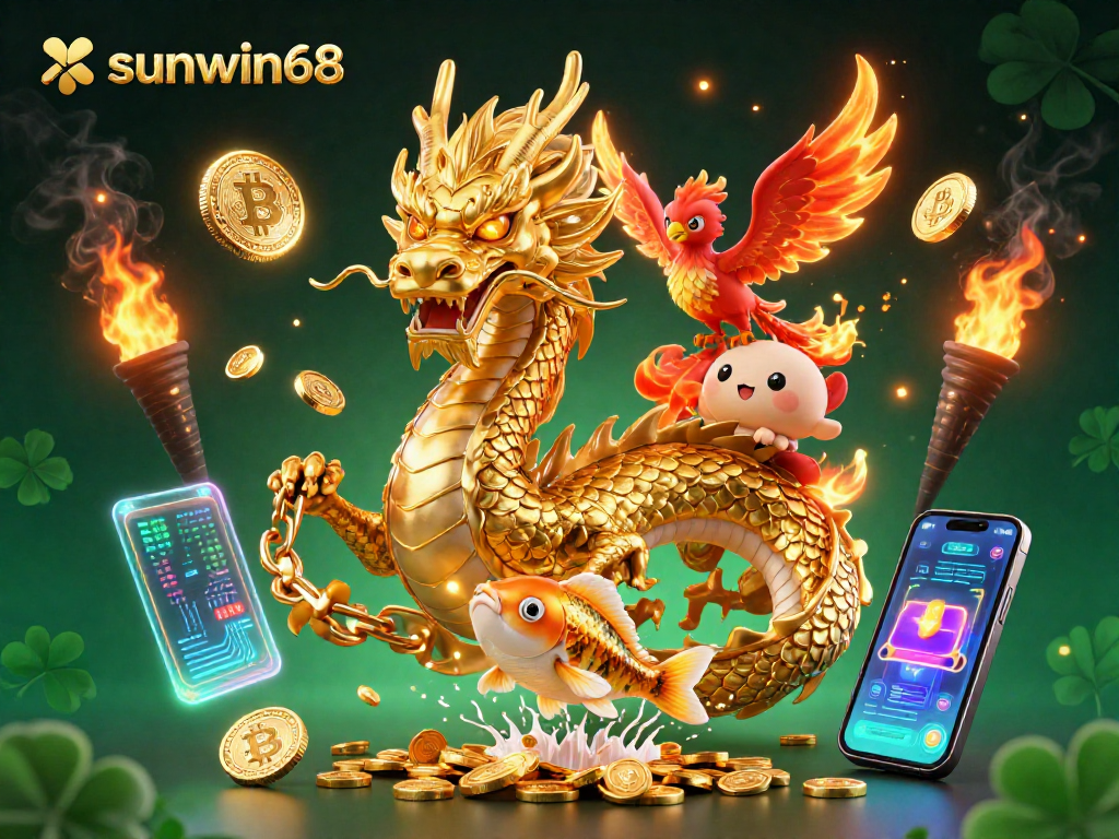 Engage with sunwin68's thrilling gaming experience featuring a dynamic dragon, phoenix, and energetic coins!
