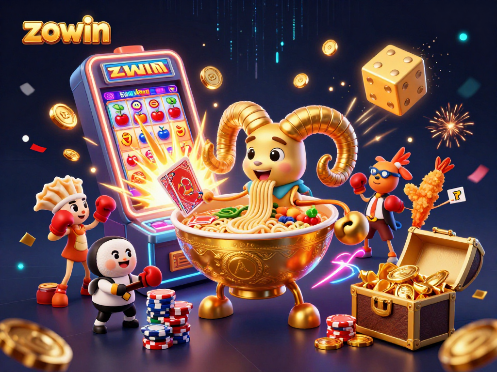Zowin offers exciting casino experiences with a vibrant illustration of a ramen bowl character dealing cards and a jackpot explosion.