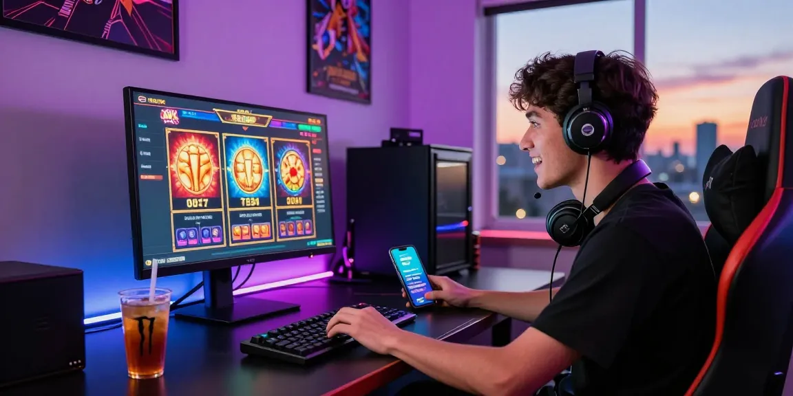Engaged player in vibrant gaming setup for situs slot deposit 10 ribu experience.