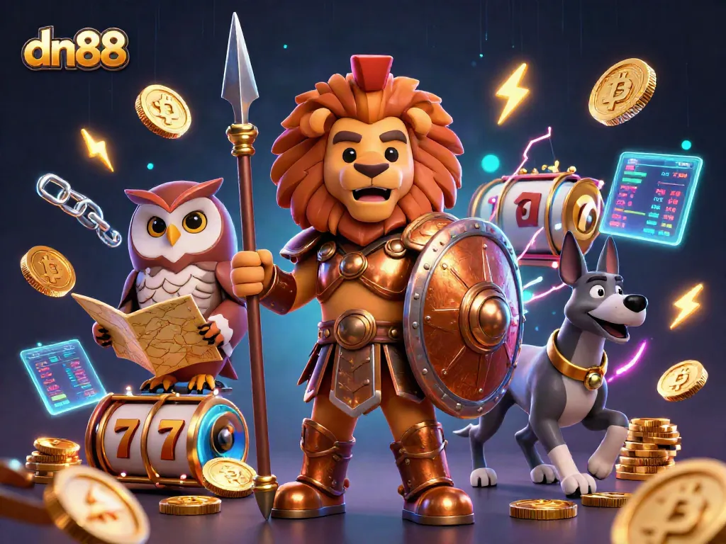 Experience thrills at dn88 with epic casino gameplay featuring a heroic lion and dazzling slot elements.