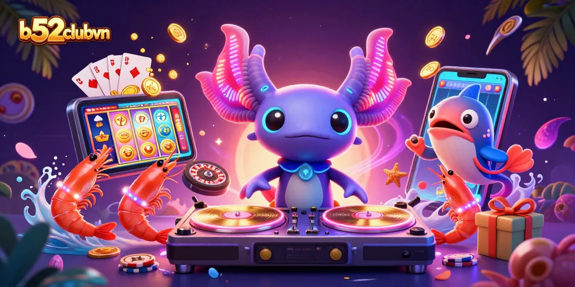 Experience thrilling gameplay at b52clubvn with a vibrant 3D casino scene featuring colorful slot games and fun characters.