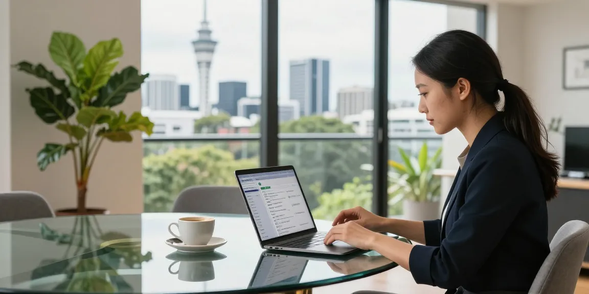 Auckland short-stay property management professional analysing data in modern apartment with skyline view and inviting atmosphere.