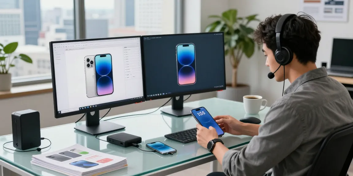 爱思助手下载过程中，技术支持人员在现代数字工作空间内为iPhone进行故障排查，显示专业技术和效率。