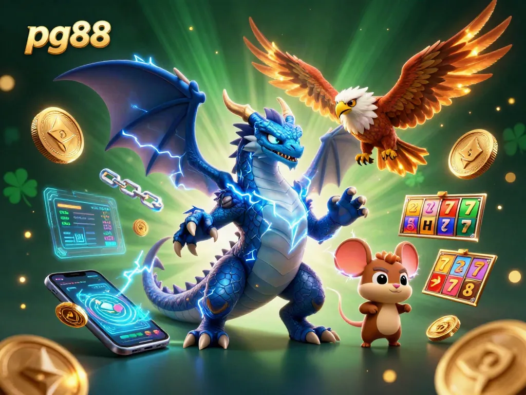 Experience thrilling gameplay with pg88 as a powerful dragon, hawk, and mouse face off in a vibrant casino scene.
