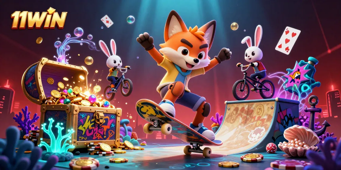 11WIN captivates with a vibrant illustration of gaming excitement from a skateboarder fox and BMX rabbit.