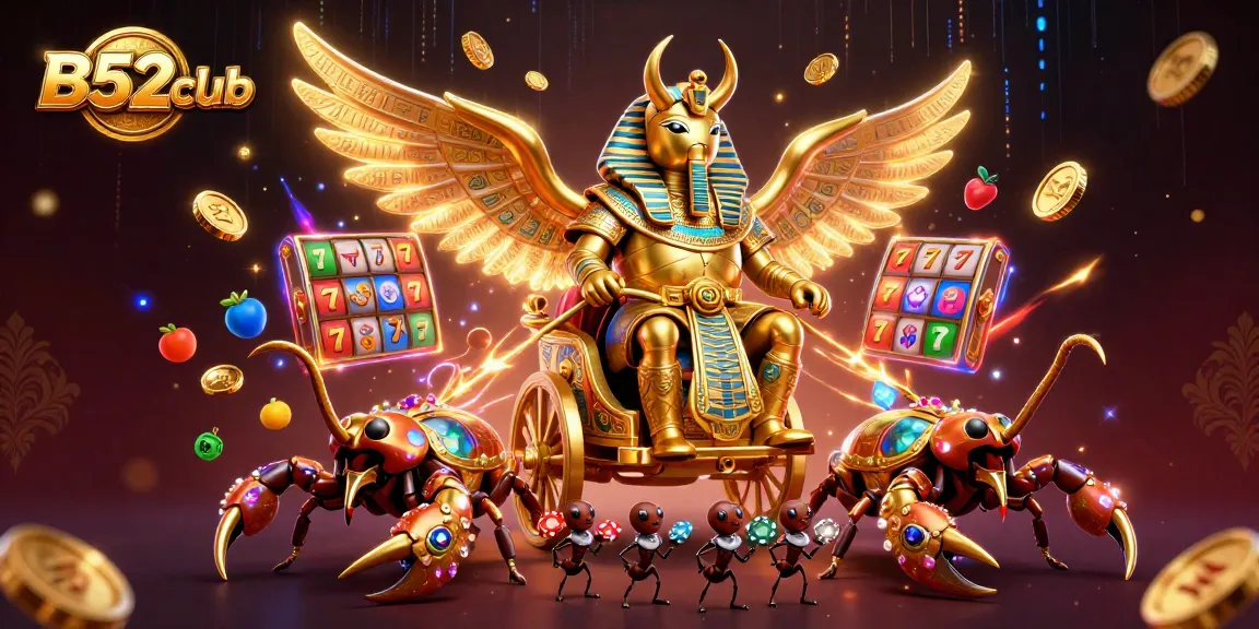 B52club players win big with golden scarab beetle in a dynamic casino scene.