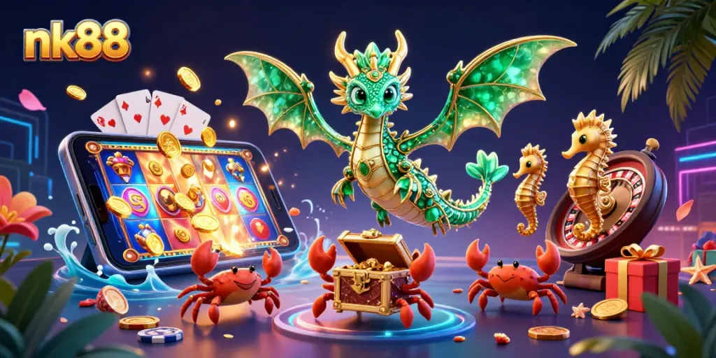 Play exciting casino games like slots and roulette with nk88's captivating sea dragon illustration.