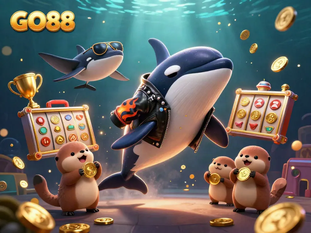 Experience excitement with GO88 as a whale jumps, otters hold coins amid vibrant casino elements.