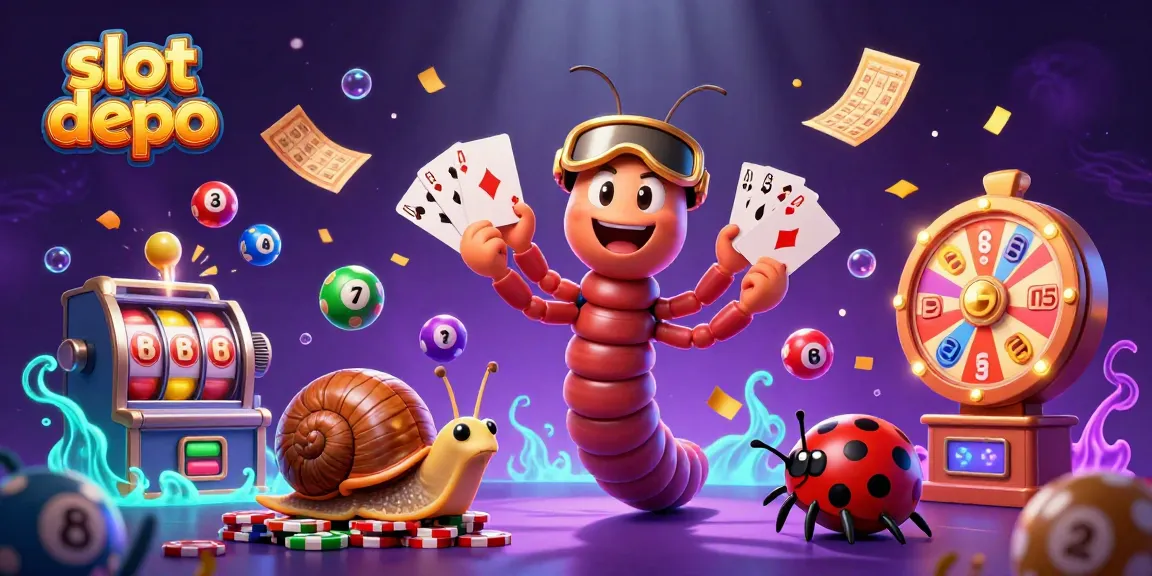 Engage with slot depo 5rb in a vibrant casino scene featuring a dynamic cartoon dealer and exciting game elements.