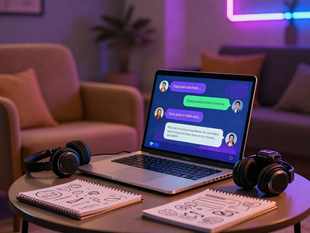 Inviting atmosphere for engaging nsfw ai chat, featuring a cozy conversation space with laptop and headphones.