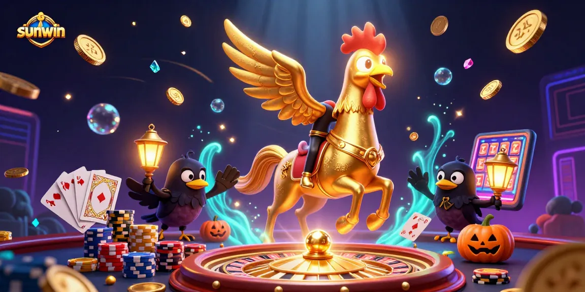 sunwin engages gamblers with vibrant 3D casino scene showcasing a golden rooster, games, and riches.