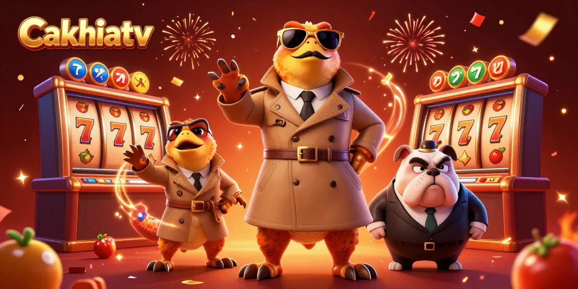 Cakhiatv features cartoon raptors entering a VIP casino lounge with festive slot elements and confetti.