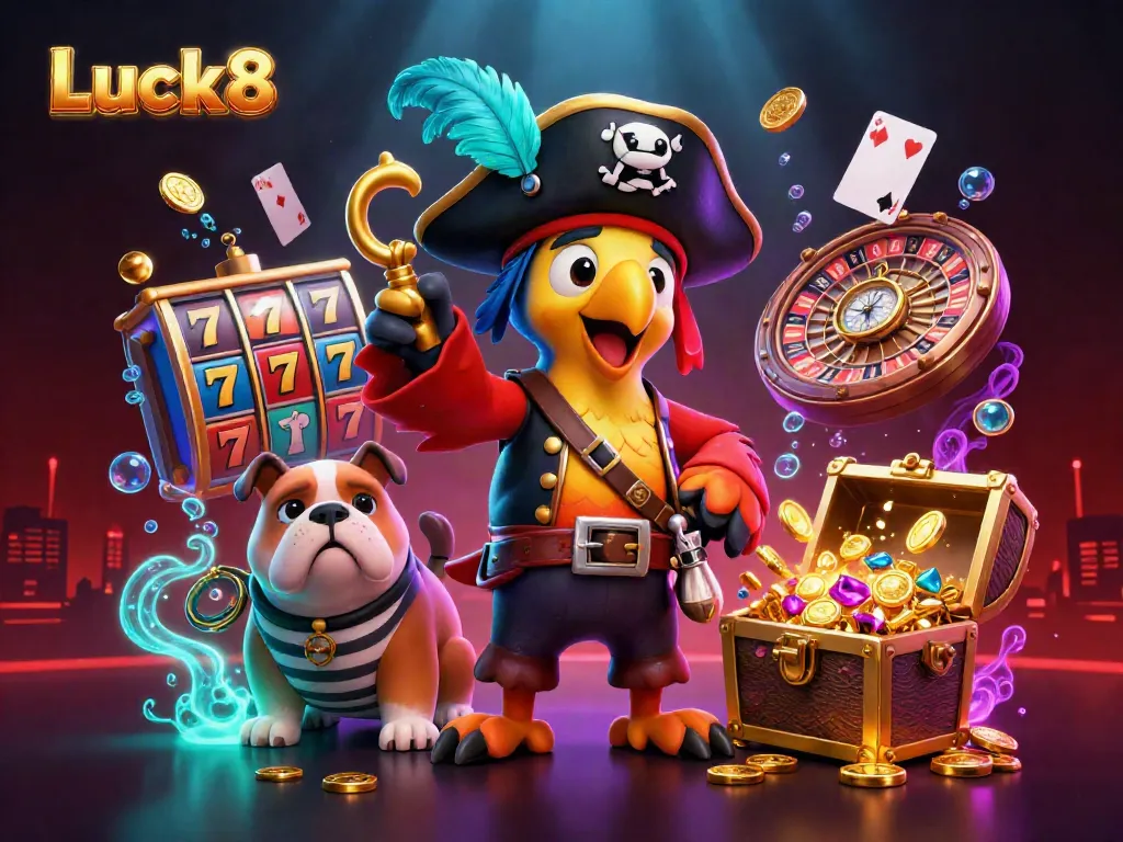 Experience the thrill of Luck8 with vibrant casino elements and lively characters in this dynamic scene.