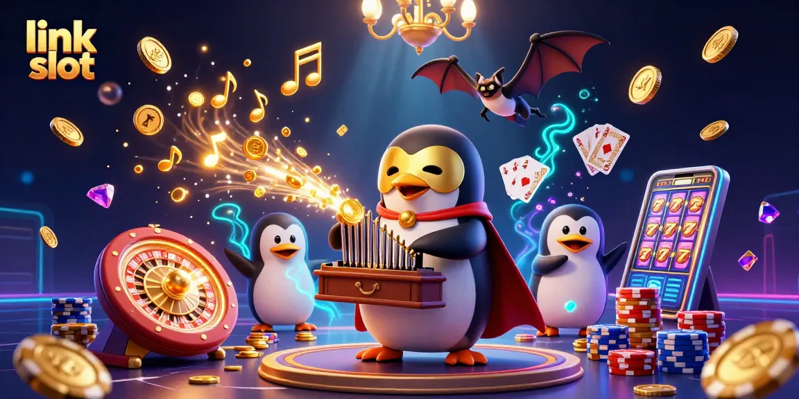 Permainan slot gacor link slot dengan penguin opera 3D yang memainkan alat musik mewah menghasilkan koin emas.