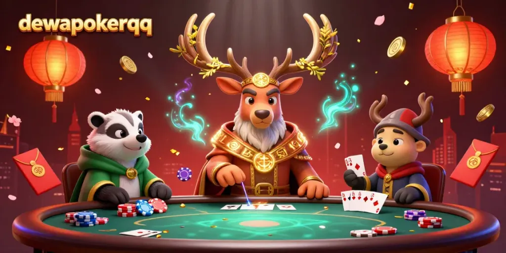 Dewapokerqq captures players at a vibrant poker scene with a whimsical druid stag, adding excitement and magic.