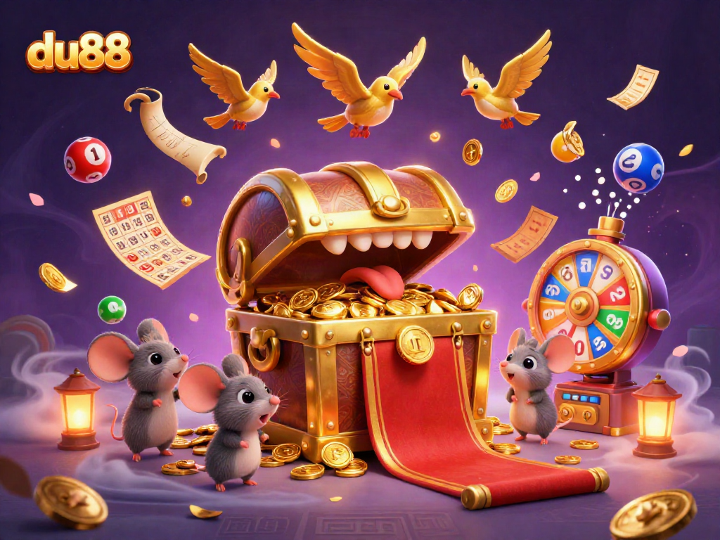 Experience thrilling wins at du88 with a gold treasure chest and vibrant casino elements.