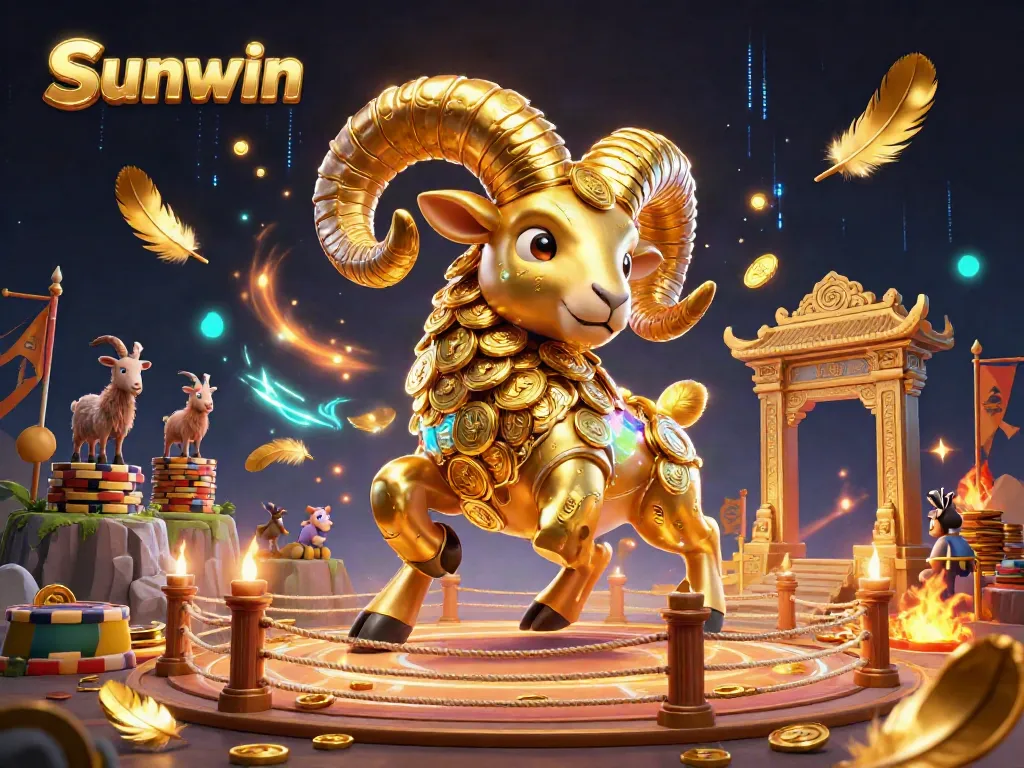 Engage with Sunwin's thrilling golden ram charging through a vibrant casino arena of excitement.