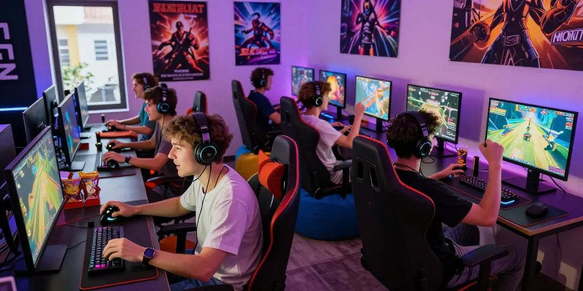 rokok88 gaming scene with players enjoying multiplayer experience, colorful LEDs and monitors
