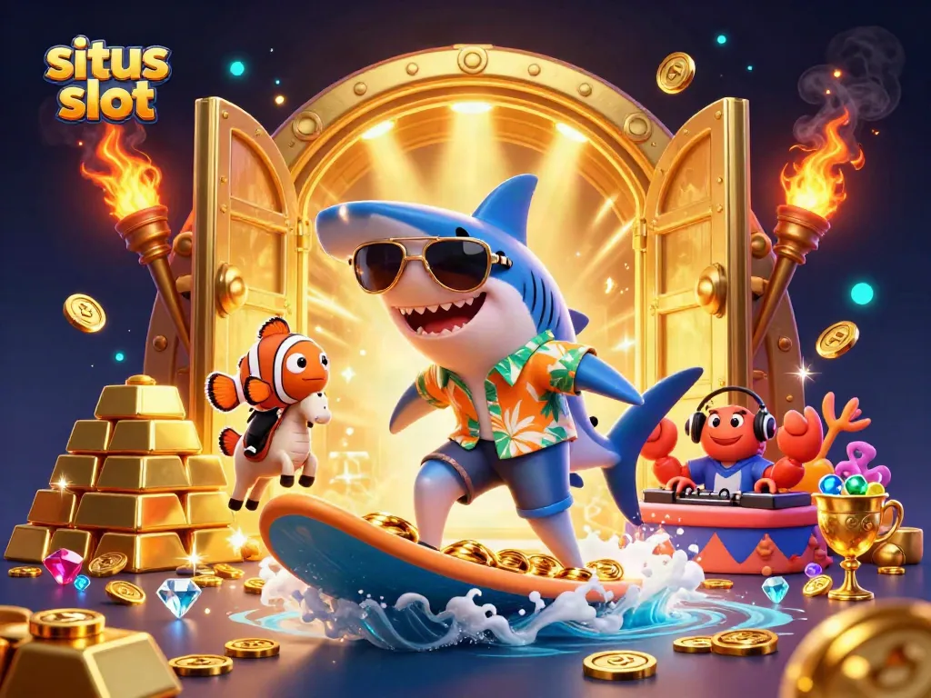 Experience the excitement of situs slot with a vibrant 3D casino-themed illustration featuring a shark, seahorse, and DJ crab.