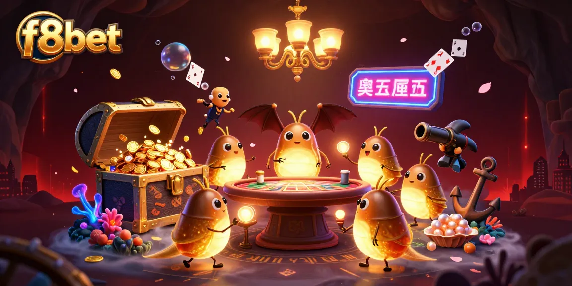 Experience the excitement of f8bet in a vibrant 3D casino scene with glowworms and treasures.