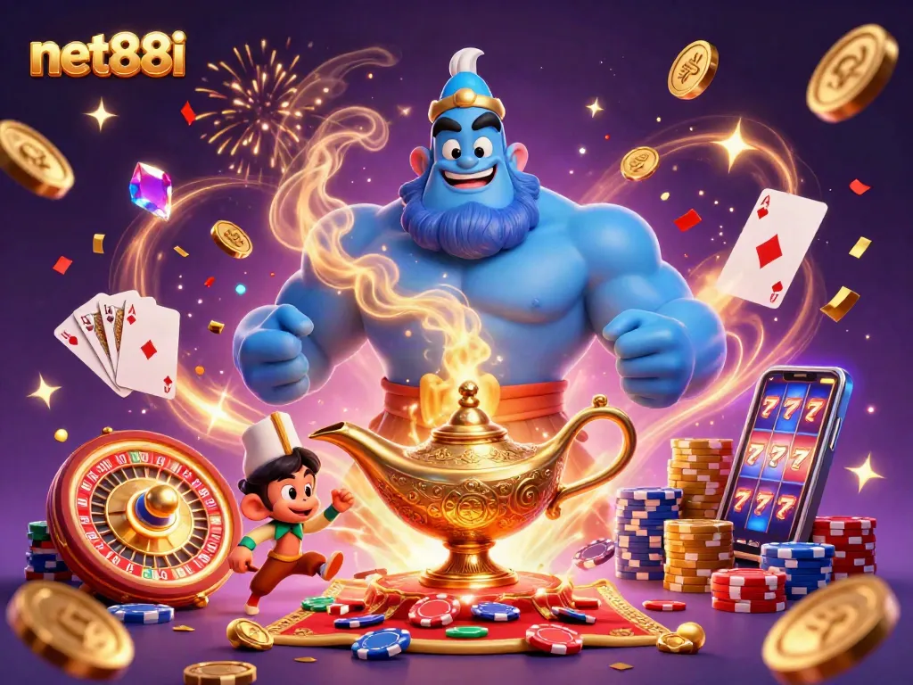 Engage in thrilling games at net88i with a vibrant 3D illustration featuring a genie, monkey, and poker chips.
