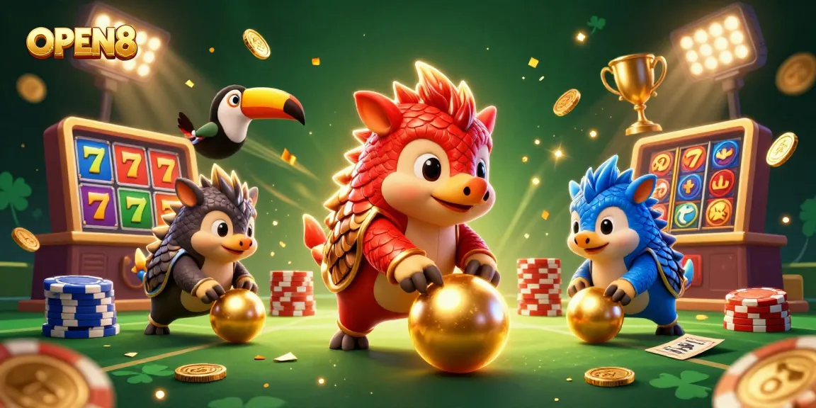 OPEN88 showcases rivals in a vivid 3D casino scene, rolling golden balls and hitting jackpot symbols.