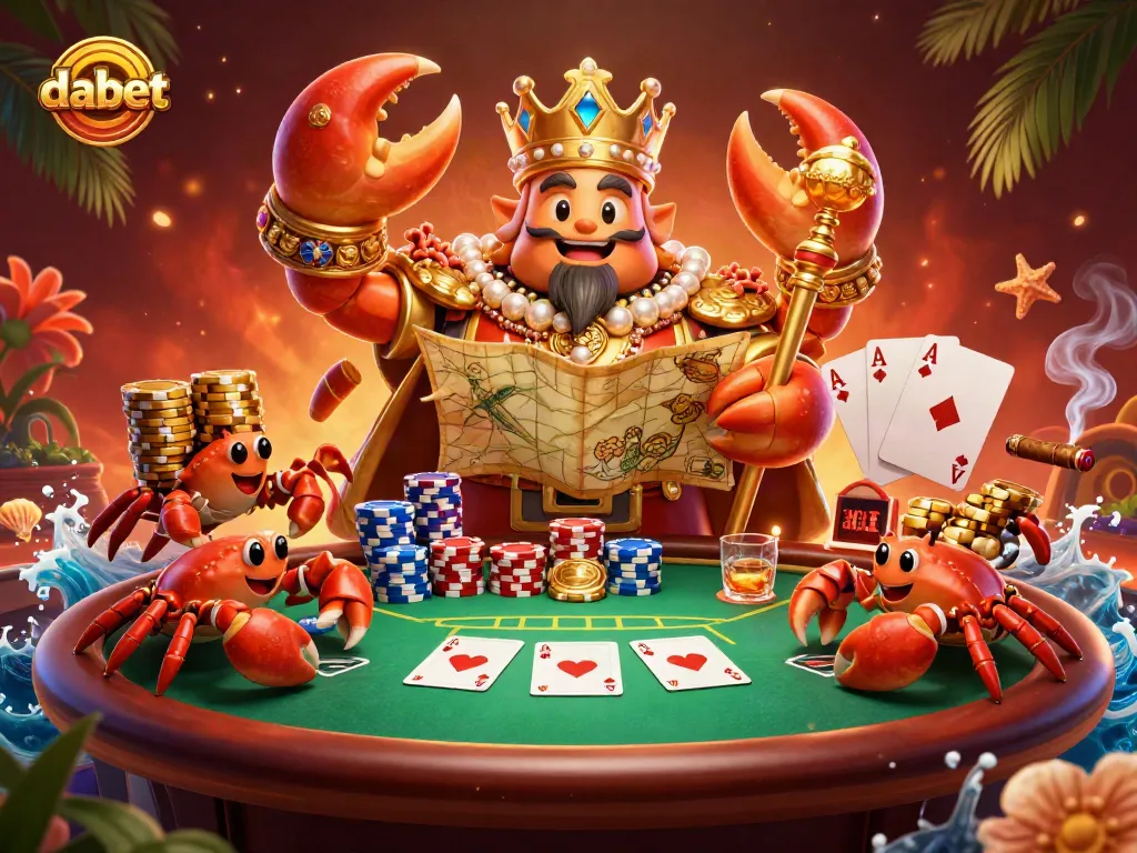 Join the dabet gaming adventure with a golden crab emperor amid vibrant poker action and treasure!