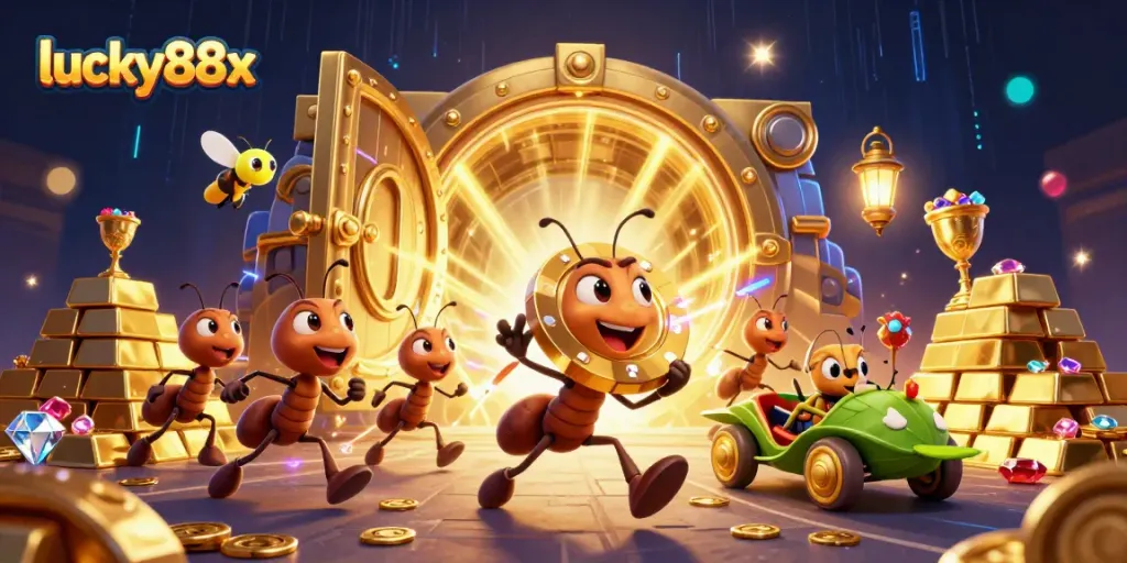 Experience the thrill of lucky88x with vibrant 3D ants carrying a vast golden poker chip in an adventurous scene.