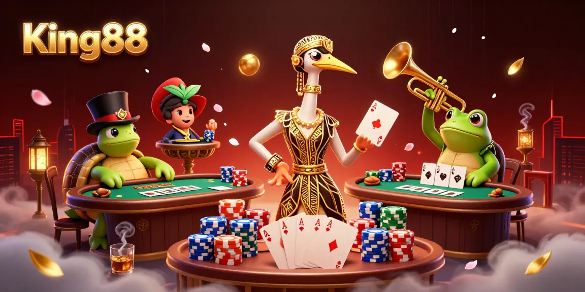 Play exciting games at King88, featuring vibrant characters in a glamorous casino scene with poker and dynamic elements.