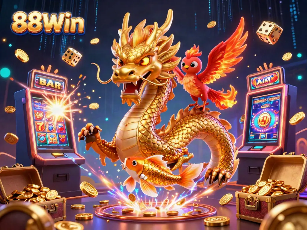 Experience the thrill of 88Win with a golden dragon, phoenix, and koi fish amidst vibrant casino elements.