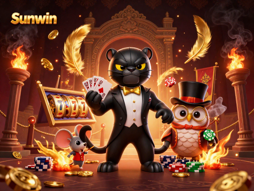 Sunwin casino features a stylish panther and owl in a vibrant card game scene with dazzling effects.