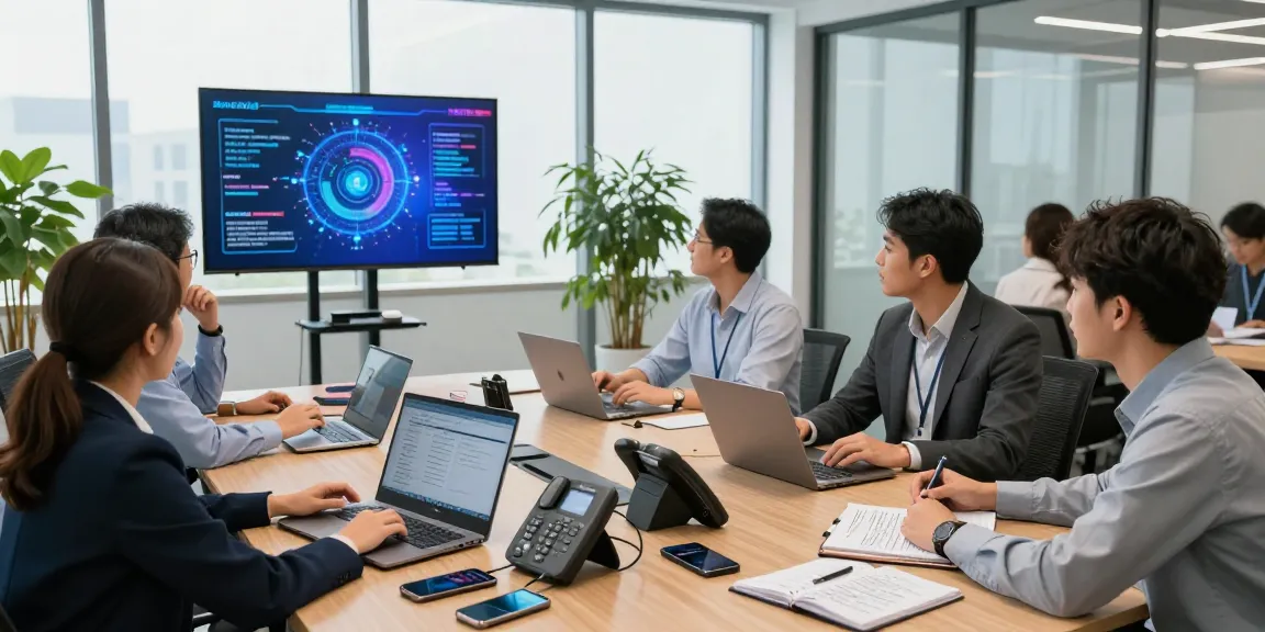 Team collaborating in modern office on innovative telephone systems solutions, showcasing 2026 trends.